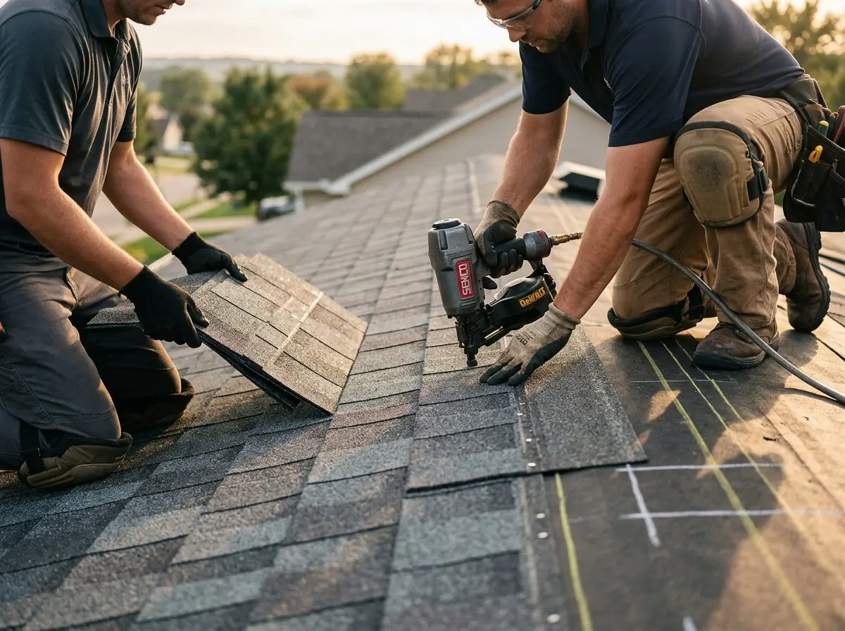 Professional roofer working on a residential roof in Tucson Estates